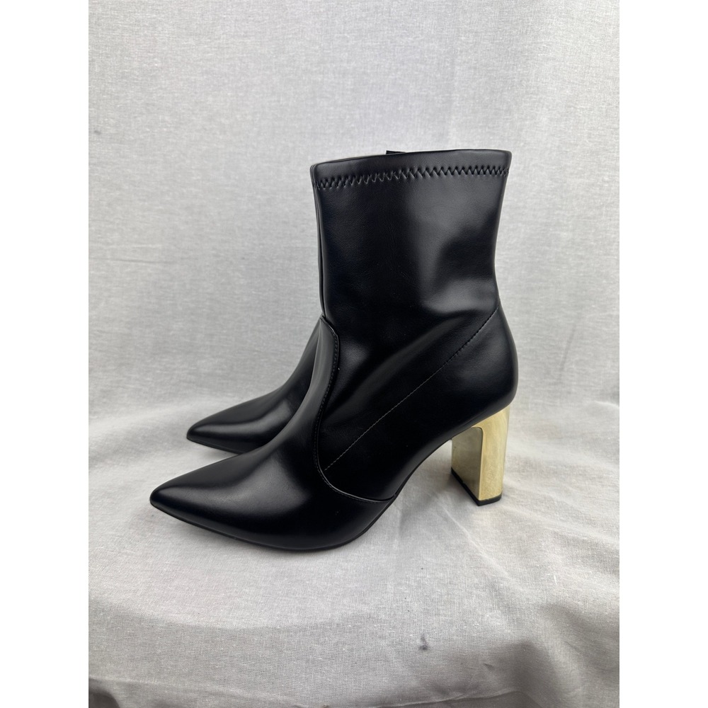 A New Day Womens Black Pointed Toe Ankle Boots Gold Metallic Block Heel Size 9.5